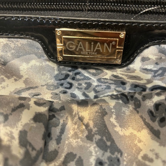 Galian Handbag Satchel Purse Magazine Collage Black Patent Leather Trim - Picture 8 of 8